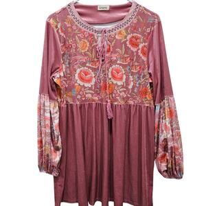 Ursime Pink Floral Dress Long Full Sleeve Size Large Boho Hippie Cottage